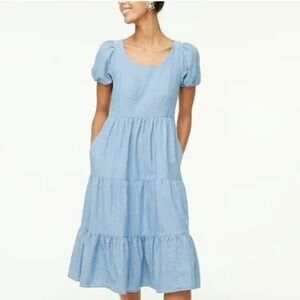 J. Crew Factory Chambray Tiered Puff Sleeve Dress